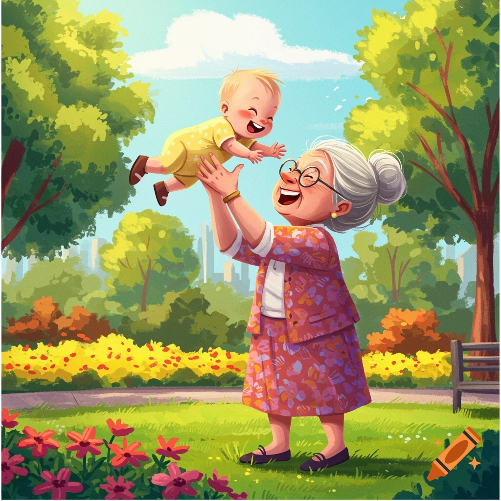 Vibrant cartoon of a grandmother tossing a baby in a sunny park