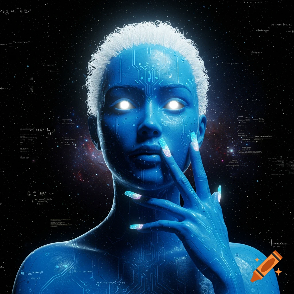 A blue-skinned AI-like figure with circuitry patterns and glowing eyes against a space background.