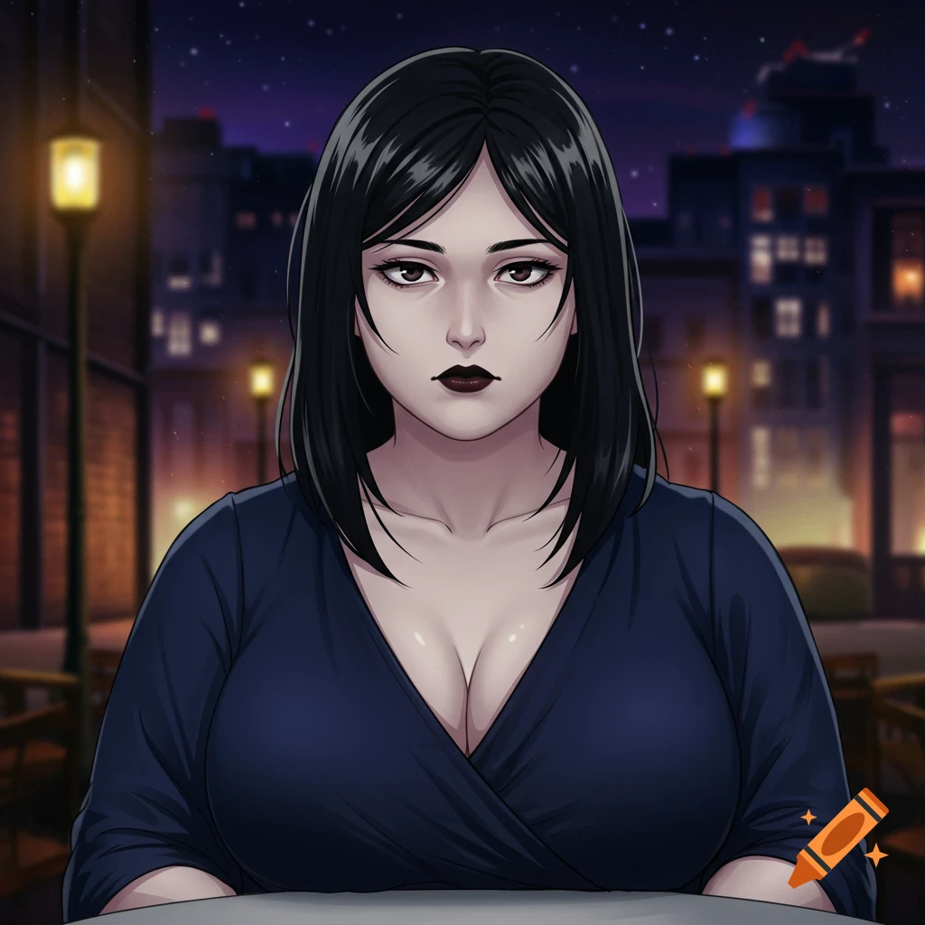 Anime style portrait of a woman with dark hair and dark lipstick in a restaurant at night.