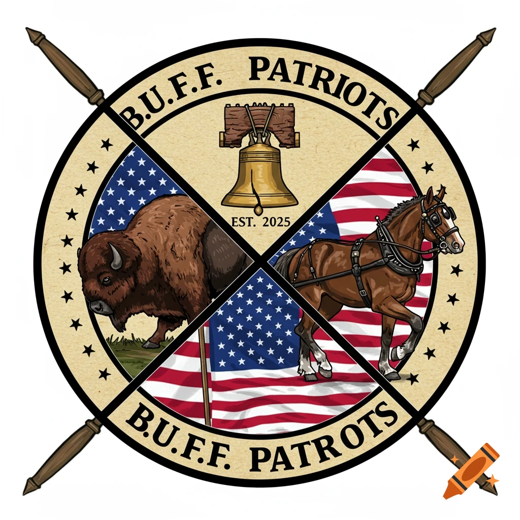 Circular seal illustration with bison, horse, Liberty Bell, US flag segments, and text B.U.F.F. PATRIOTS EST. 2025.