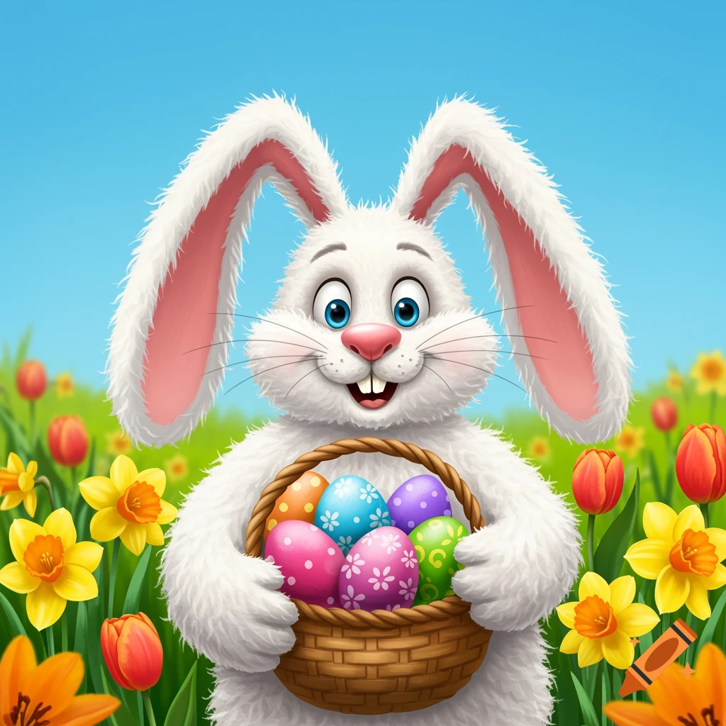 Fluffy white Easter bunny holding a basket of colorful eggs in a spring meadow with daffodils and tulips under a blue sky.