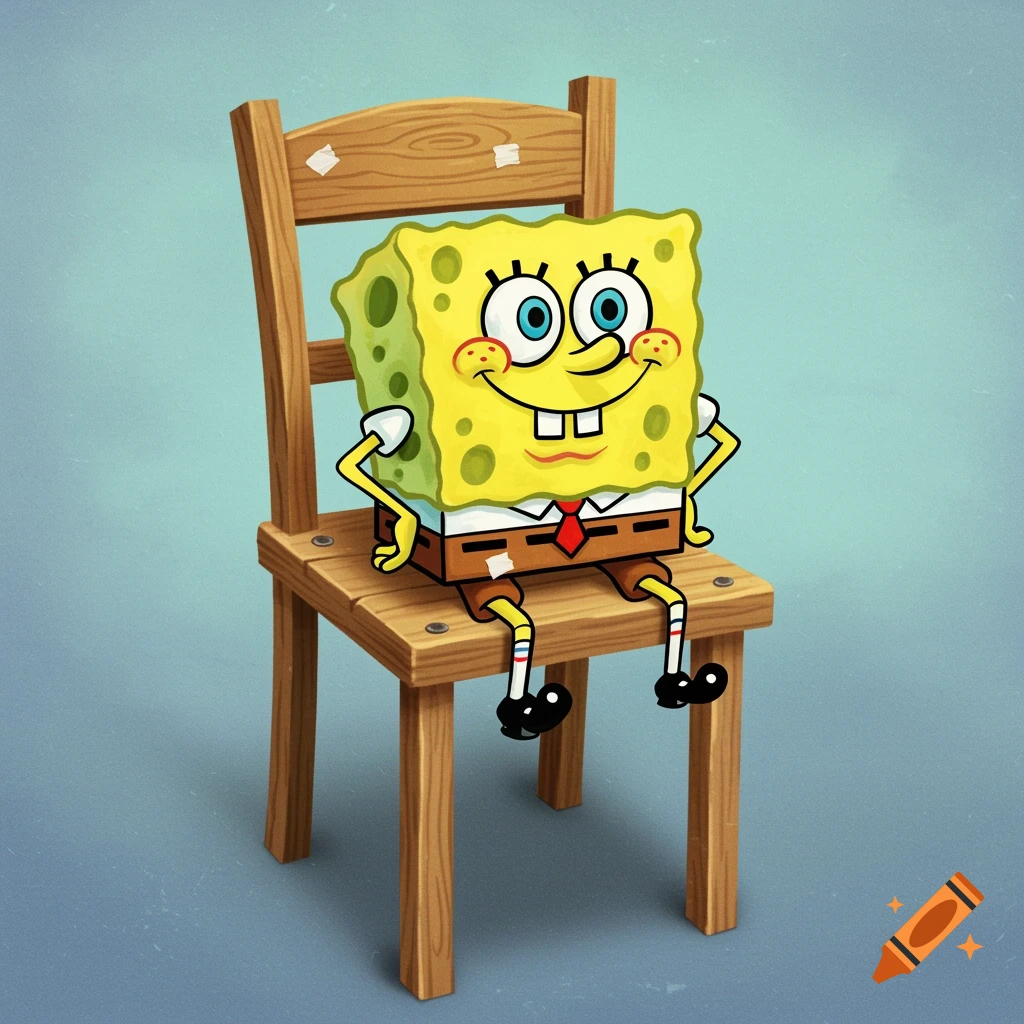 Spongebob Squarepants sits on a wooden chair in a cartoon illustration.