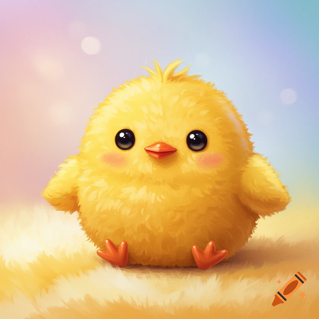 A round, fluffy yellow chick with big eyes sits on a textured surface in a pastel.