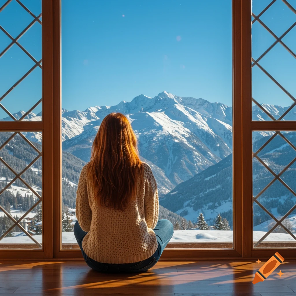 A person is sitting by a window, looking out at snowy mountains.