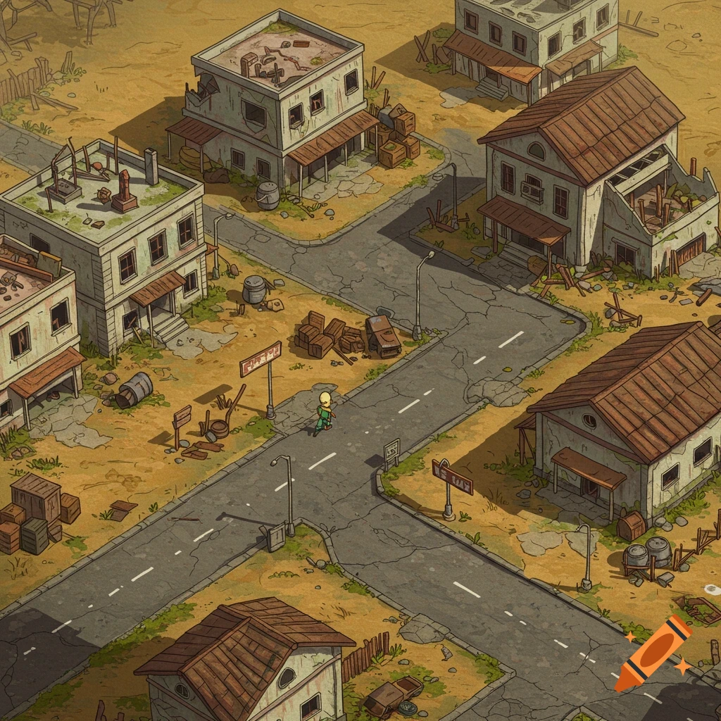 A top-down view of a ruined, apocalyptic town with debris and a character walking on a cracked road.