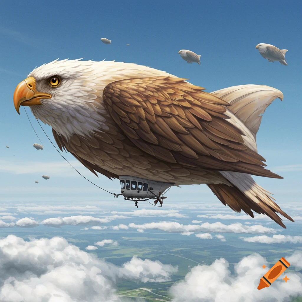 A giant eagle-shaped blimp flies above clouds with smaller fish blimps, digital art.