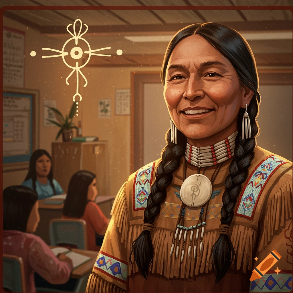A smiling Native American teacher in traditional attire is in a classroom with students, in the style of ledger art.