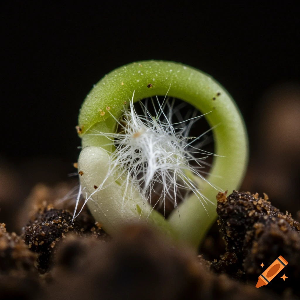 Macro photo of a fuzzy white root emerging from a green sprout in soil.