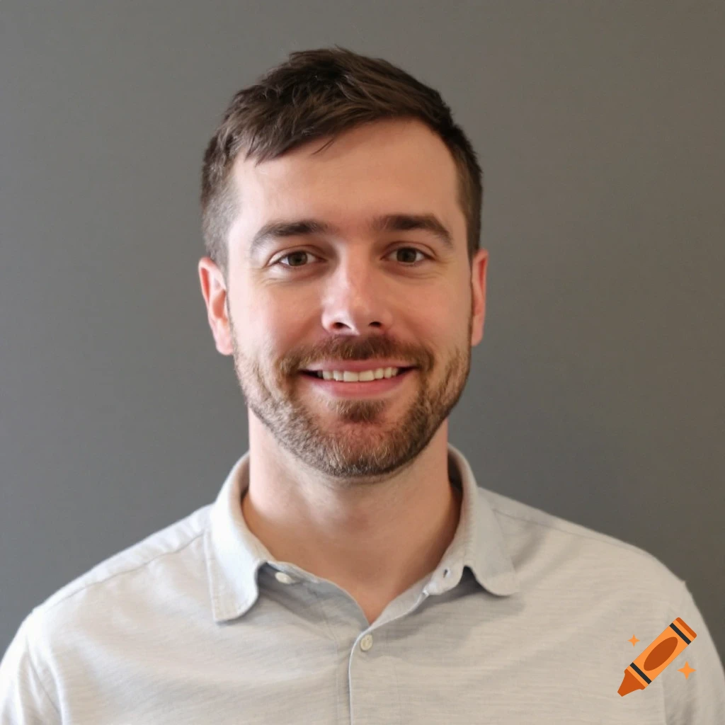 Photorealistic portrait of a smiling man in a collared shirt.