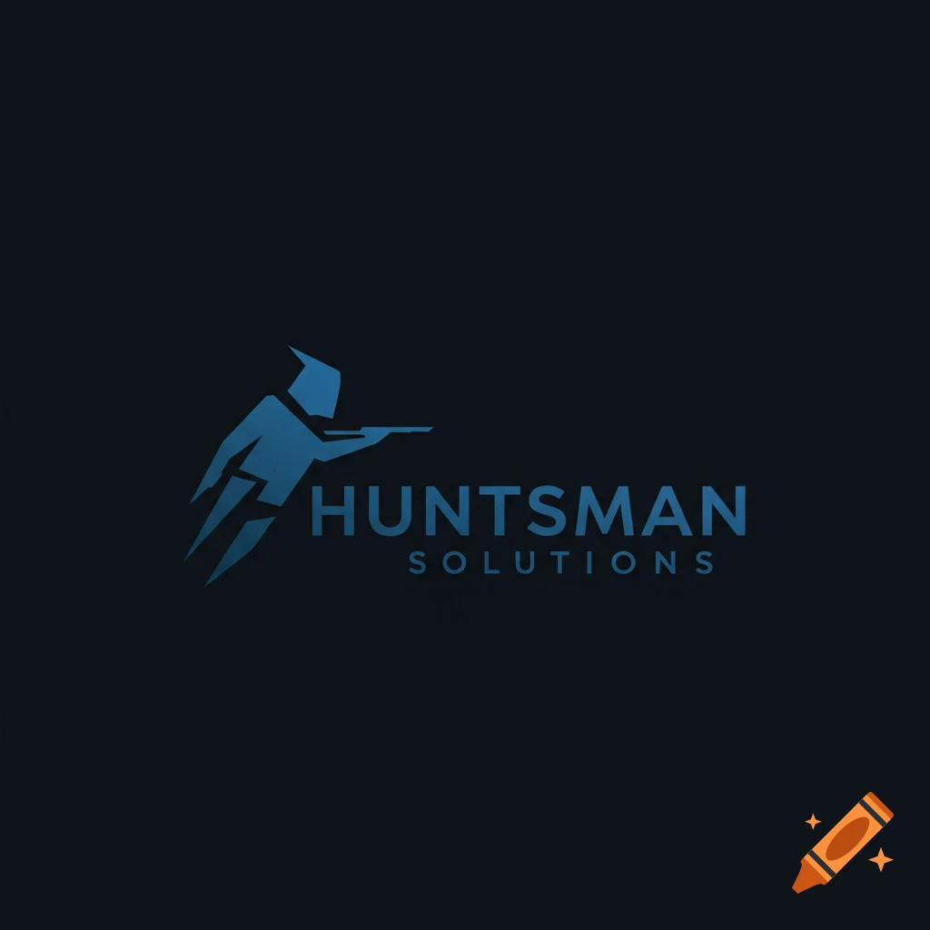 A blue graphic logo featuring a stylized figure holding something and the text "HUNTSMAN SOLUTIONS" on a dark background.
