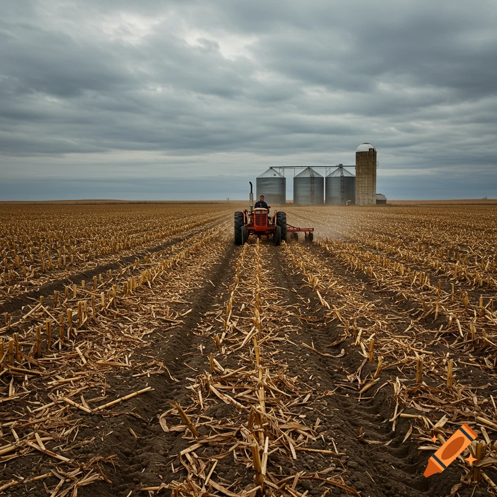 A red tractor plows a dried cornfield under a cloudy sky, with grain silos in the background.
