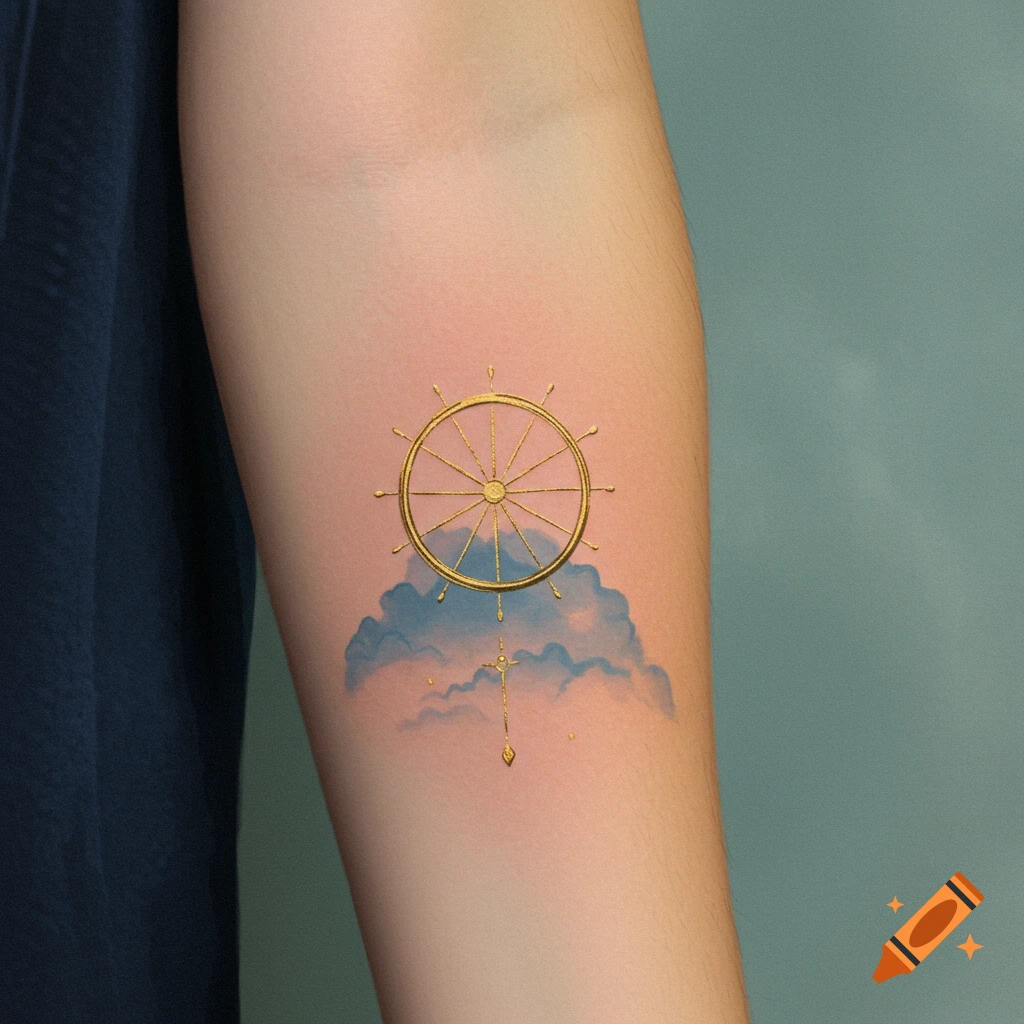 A minimalistic golden wheel and cloud tattoo on an arm.