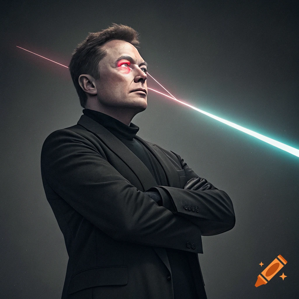 Portrait of Elon Musk in a suit with red laser eyes and futuristic lasers