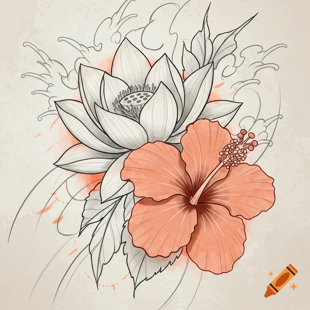 A black and white sketch of a lotus flower and a peach-colored hibiscus flower with background elements.