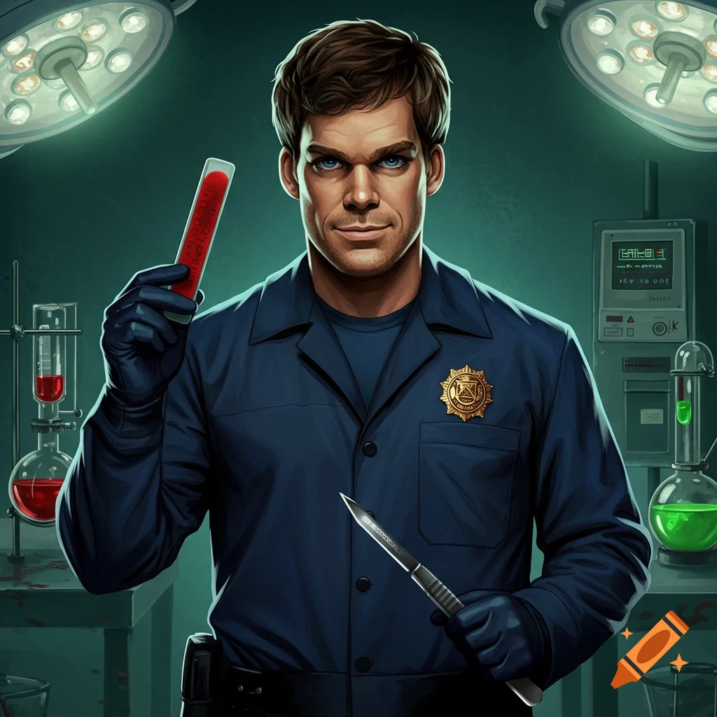 A man resembling Dexter Morgan in a lab, holding a test tube and a knife, with lab equipment behind him.