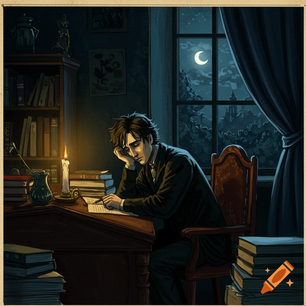 Illustration of a man writing at a desk by candlelight in a dimly lit room.