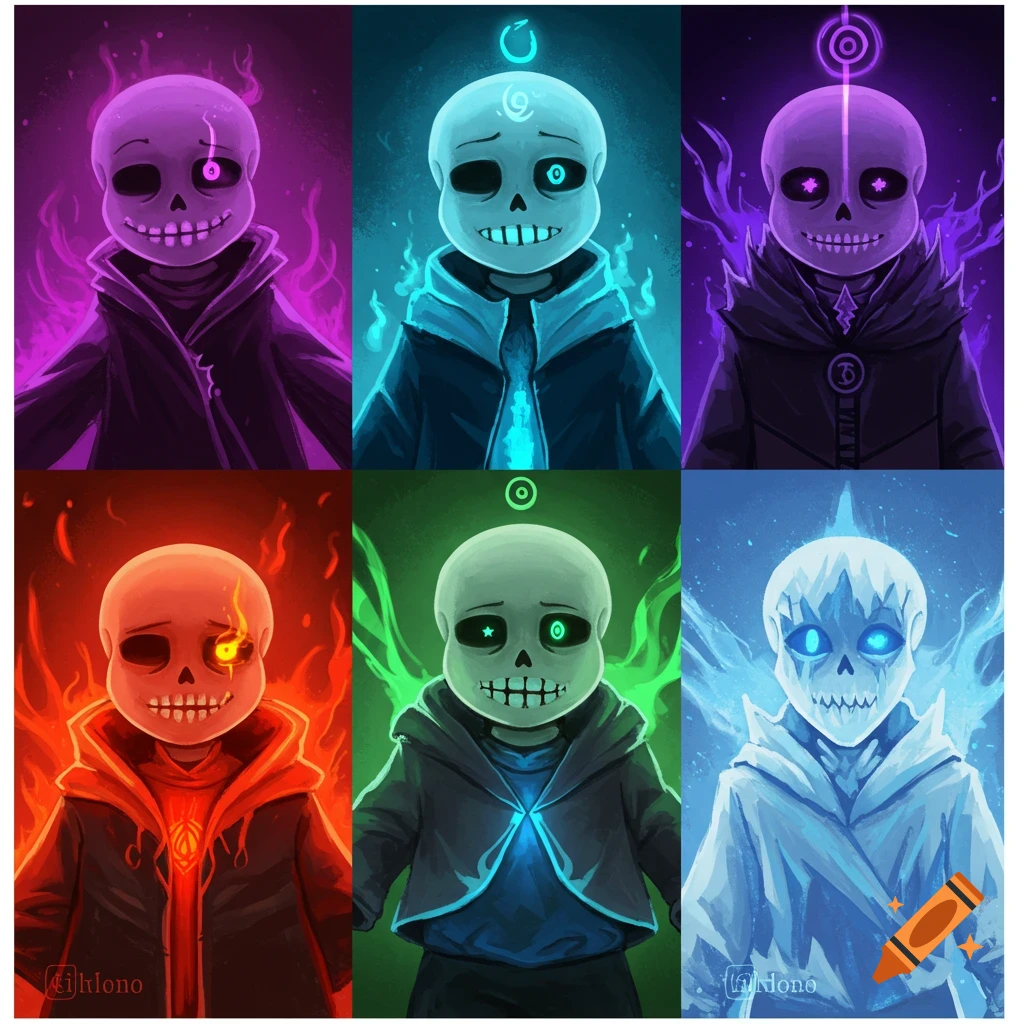 Grid of elemental skeleton characters