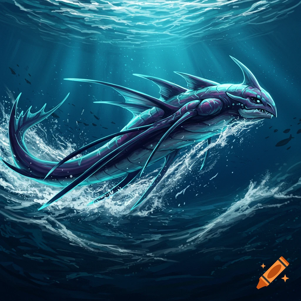 A dark purple and teal fantasy creature swims rapidly through choppy blue ocean water.