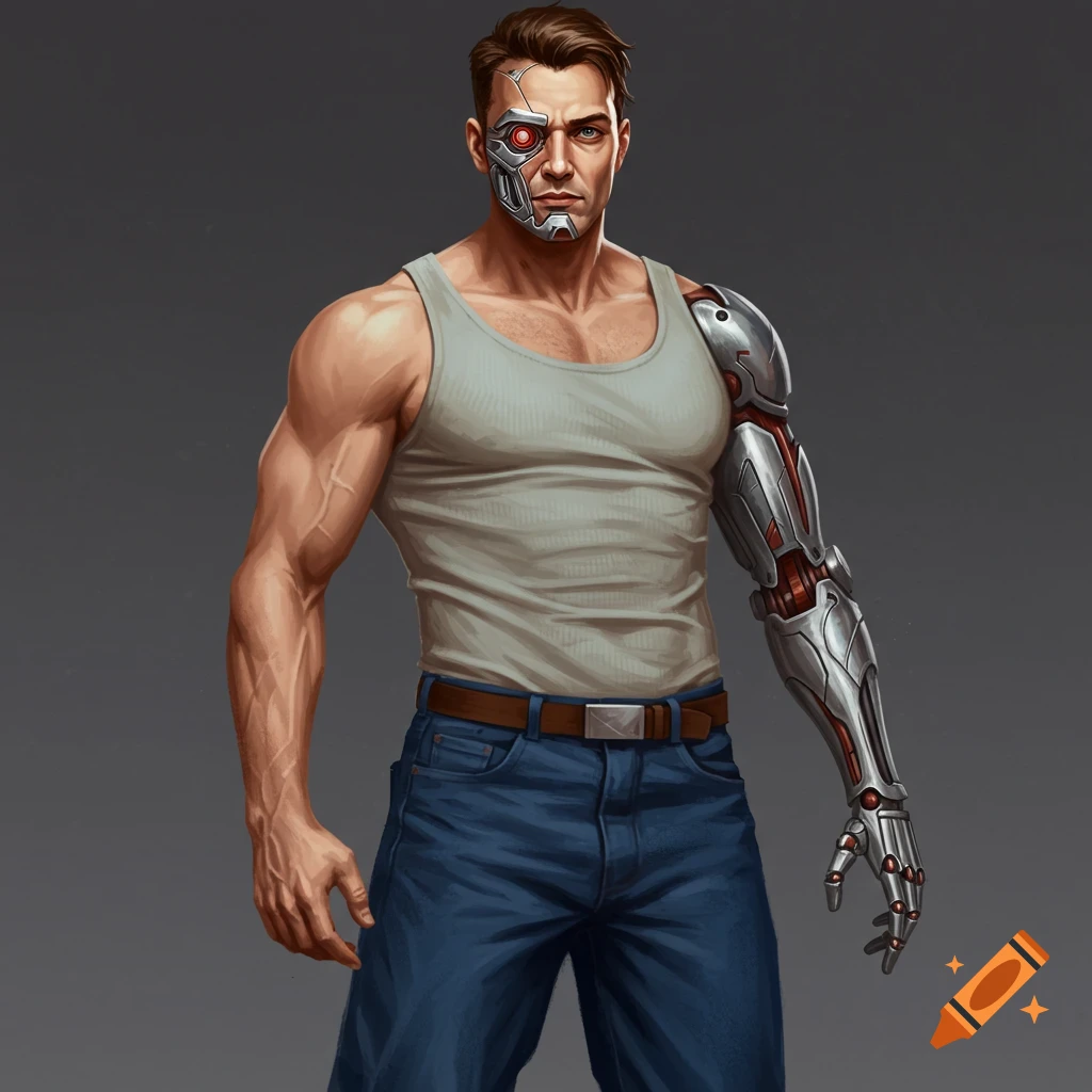 A man with a robotic arm and cybernetic eye, wearing a tank top and blue jeans