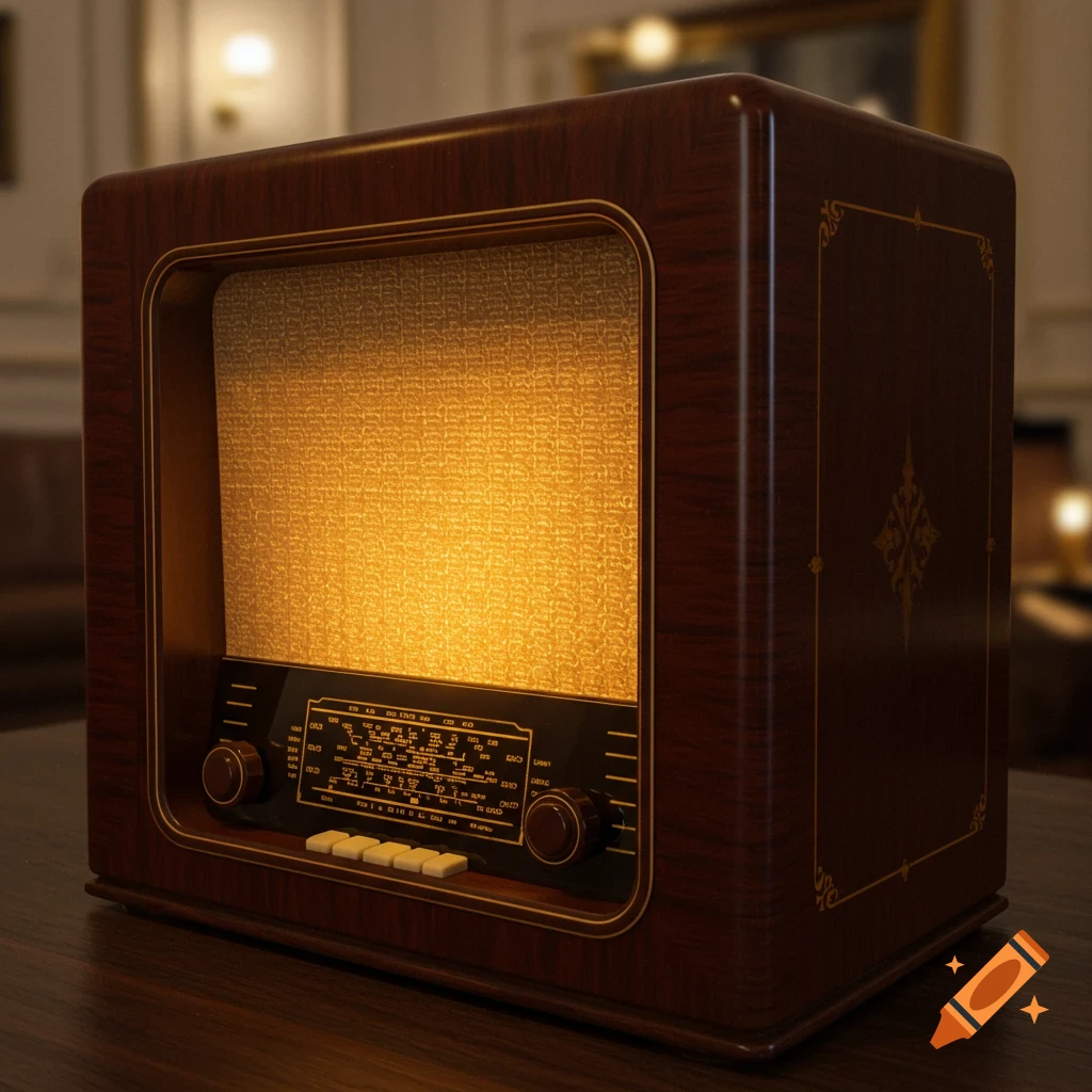A vintage wooden radio with a glowing dial on a table.