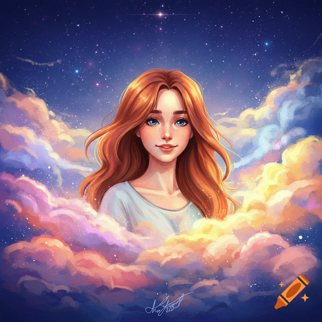 A woman with red hair is surrounded by colorful clouds under a starry sky.