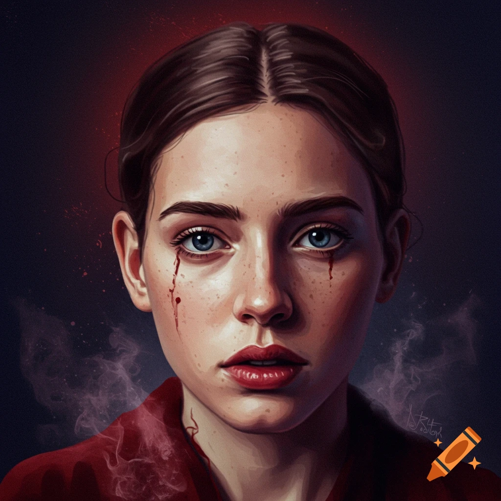 A young woman with blood tears streaming from her eyes.