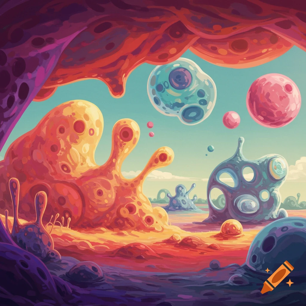 A colorful abstract alien landscape with strange organic shapes and floating spheres.