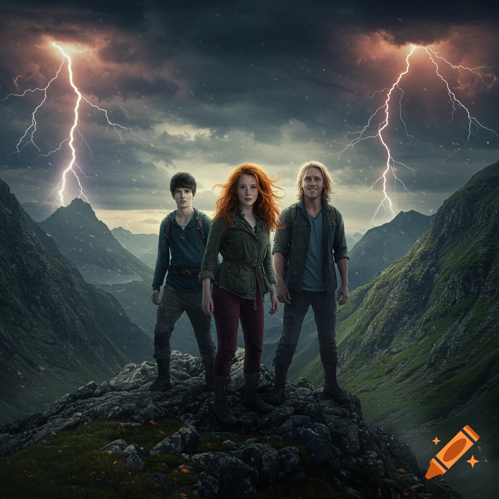 Three young adventurers on a mountain peak during a lightning storm.