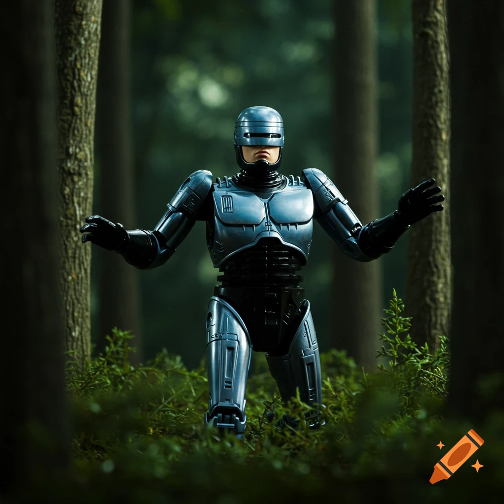 A figure resembling Robocop stands in a forest.