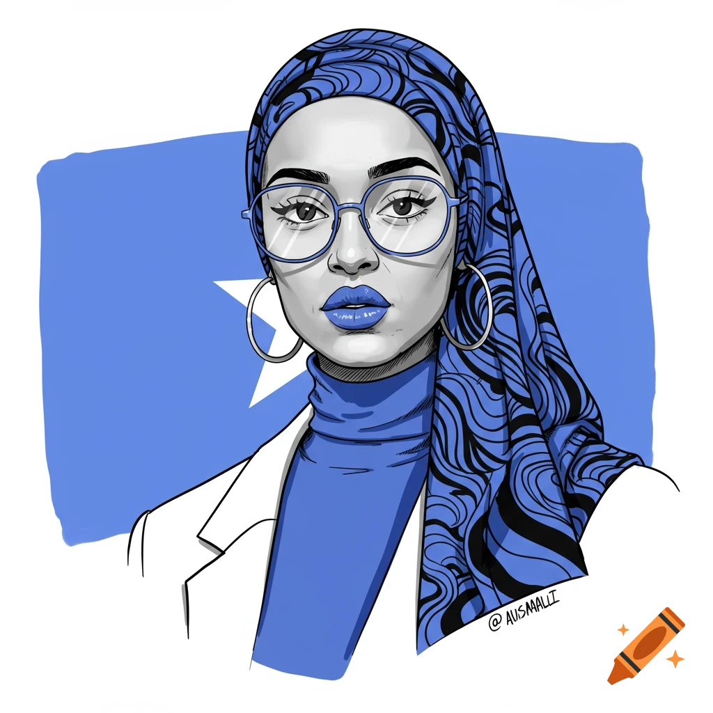 Digital illustration portrait of a Somali woman wearing a hijab, glasses, and suit jacket, against a blue background with a white star.