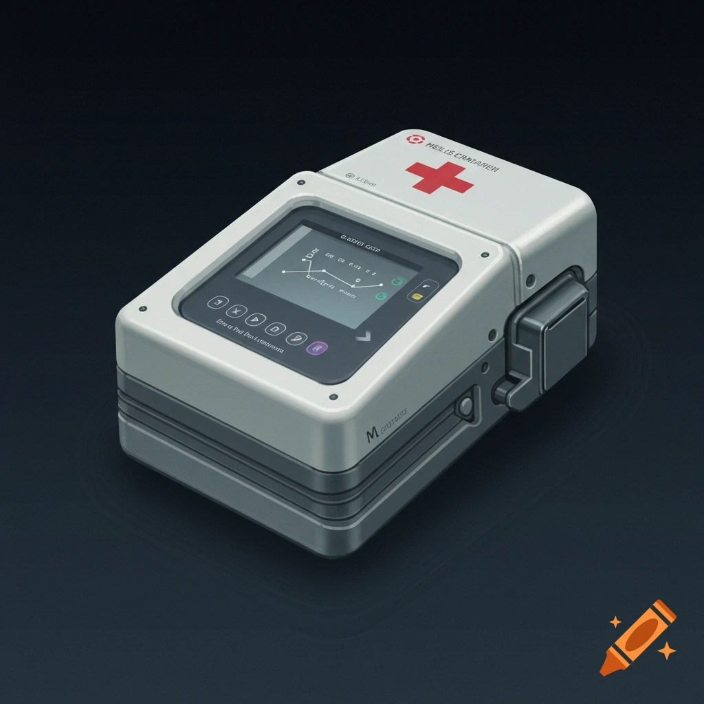 A small, white medical device with a screen, buttons, and a red cross symbol.