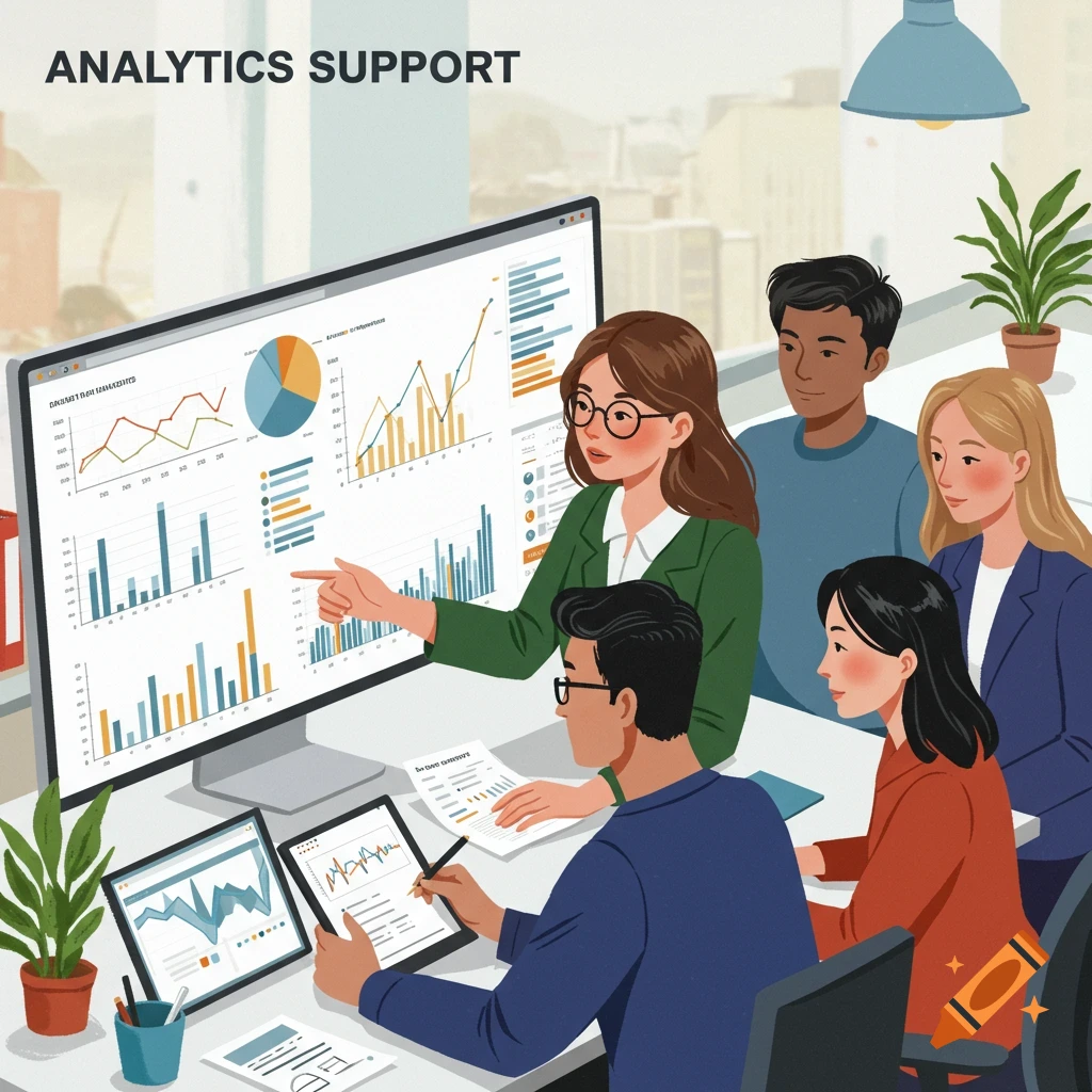 Illustration of a group of people looking at charts and data on computer screens in an office.