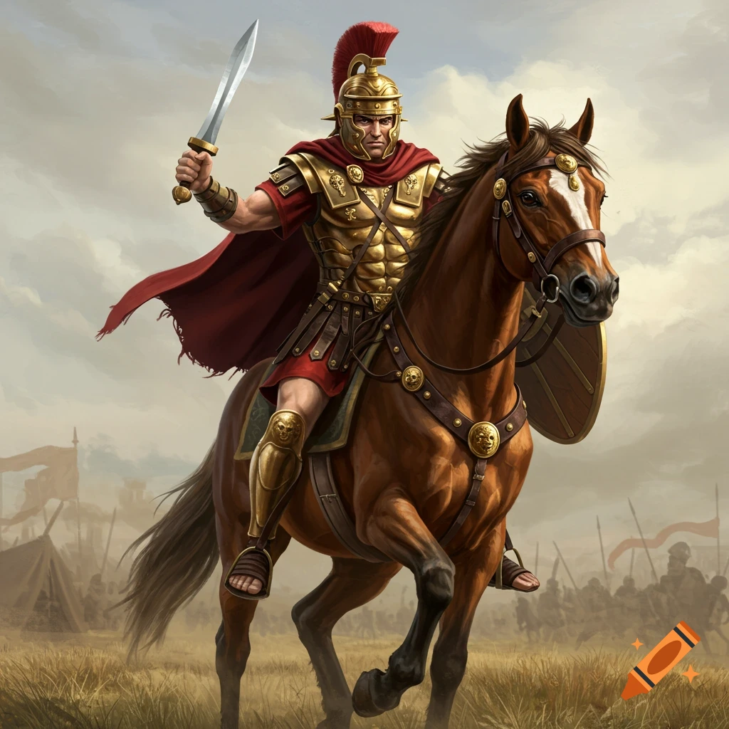A Roman warrior on a horse holding a sword on a battlefield.