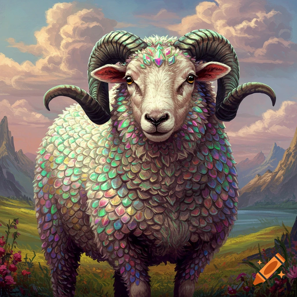 Sheep with colorful scales standing in a grassy mountain landscape