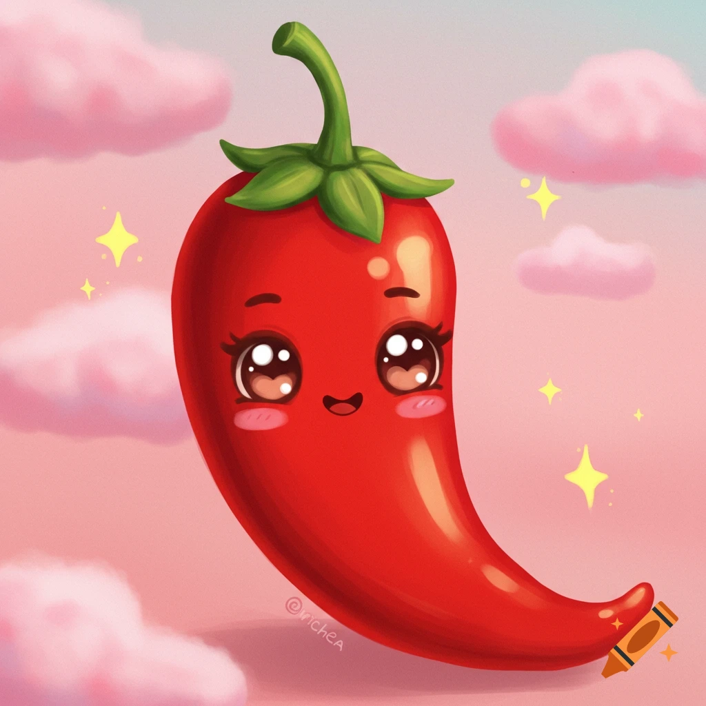 A red pepper with a cute face against a pink sky.