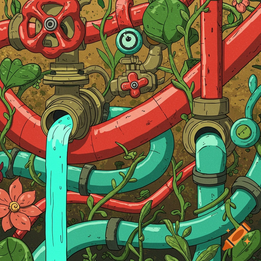 Stylized scene of red and teal pipes and valves tangled with green vines and flowers, with water flowing.