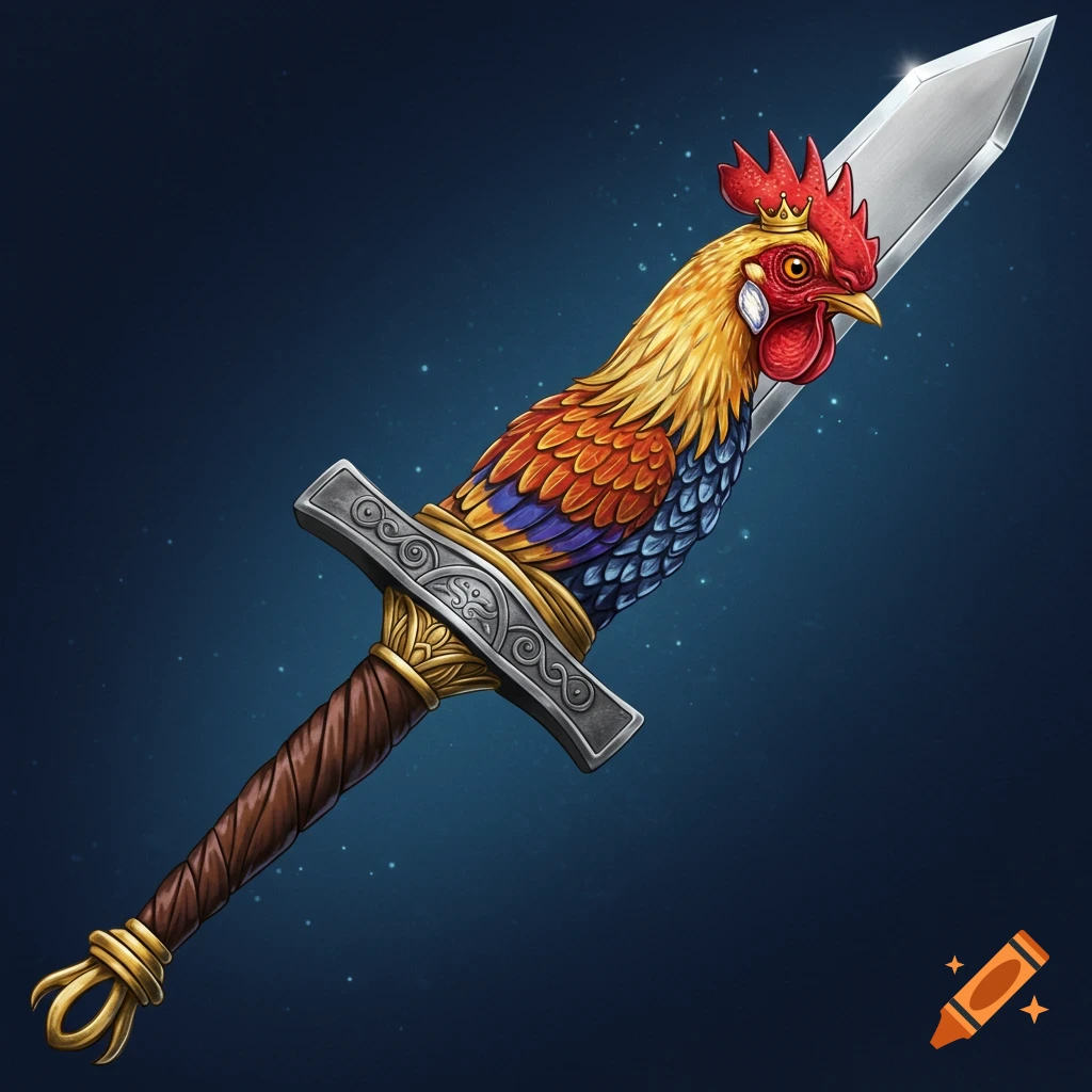 A fantasy sword with a detailed rooster head and body forming the hilt and guard.