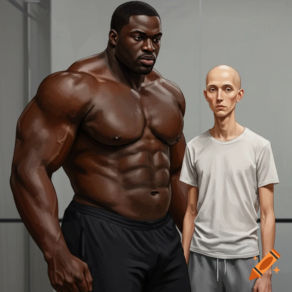 A very muscular Black man standing next to a thin, bald White man in a gym.