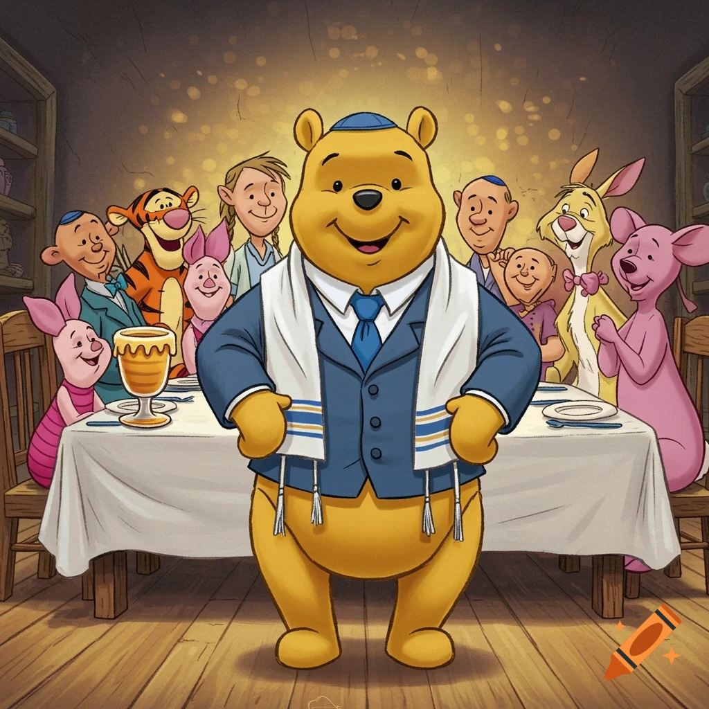 Winnie the Pooh and friends celebrate a bar mitzvah, with Pooh wearing a suit and yarmulke.
