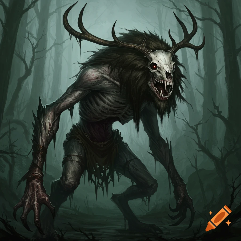 Grotesque monster with a skull face and antlers in a dark forest.