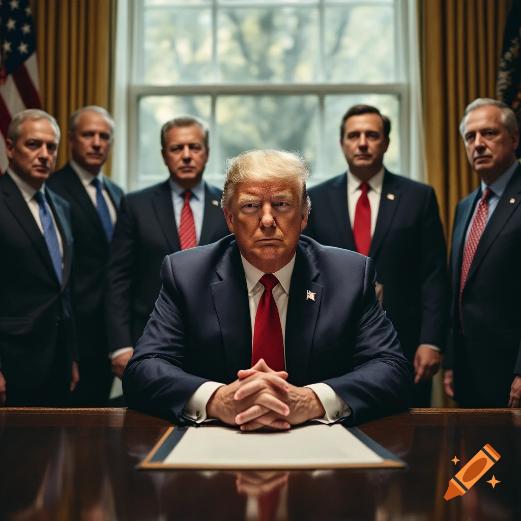 Donald Trump sits at a desk in an office with several men standing behind him.