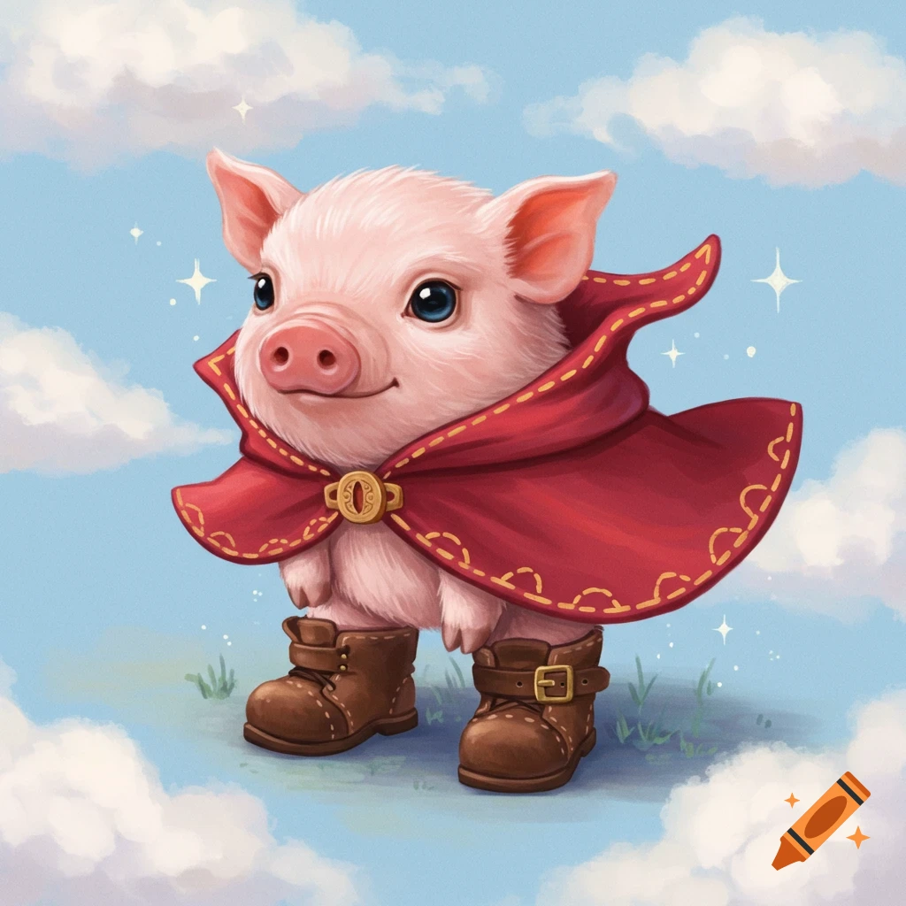 A cute piglet wearing a red cape and brown boots standing on a cloud with a blue sky background.