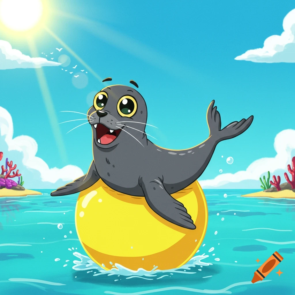 Happy cartoon seal on a yellow ball in the ocean under a sunny sky