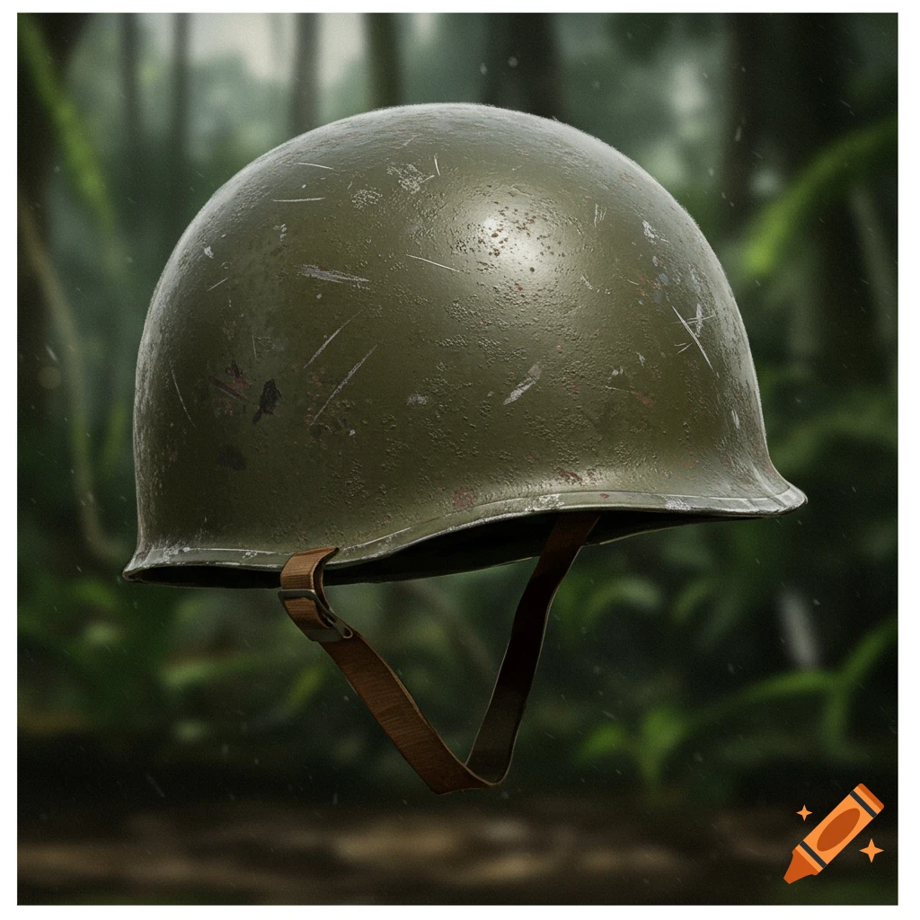 A scratched green military helmet in a jungle setting.