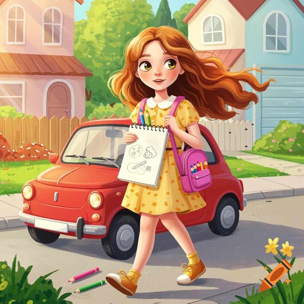 Young girl with red hair, drawing pad, and pink backpack walks past a red car on a sunny suburban street.