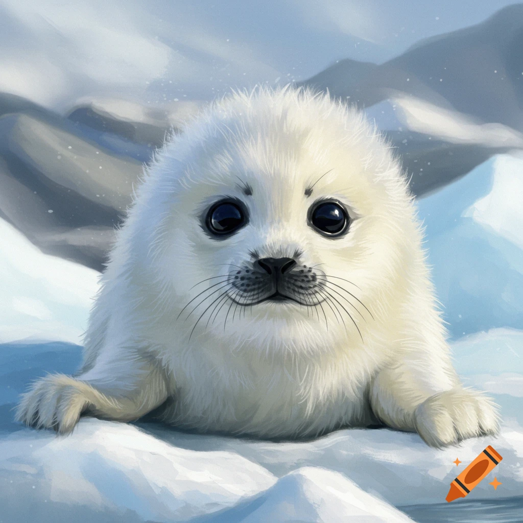 A cute baby seal lies on ice with mountains in the background.