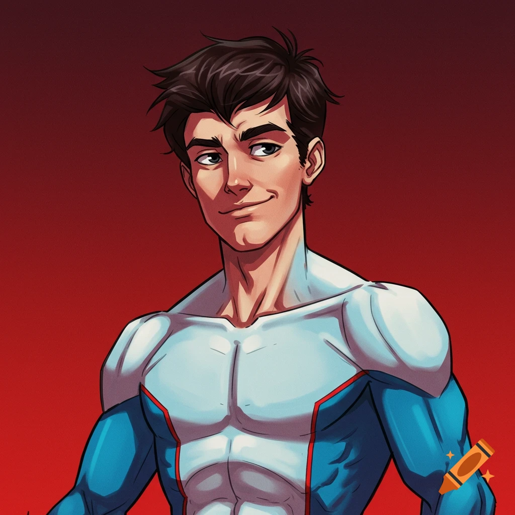 Illustration of a young man in a blue and white superhero costume, comic art style