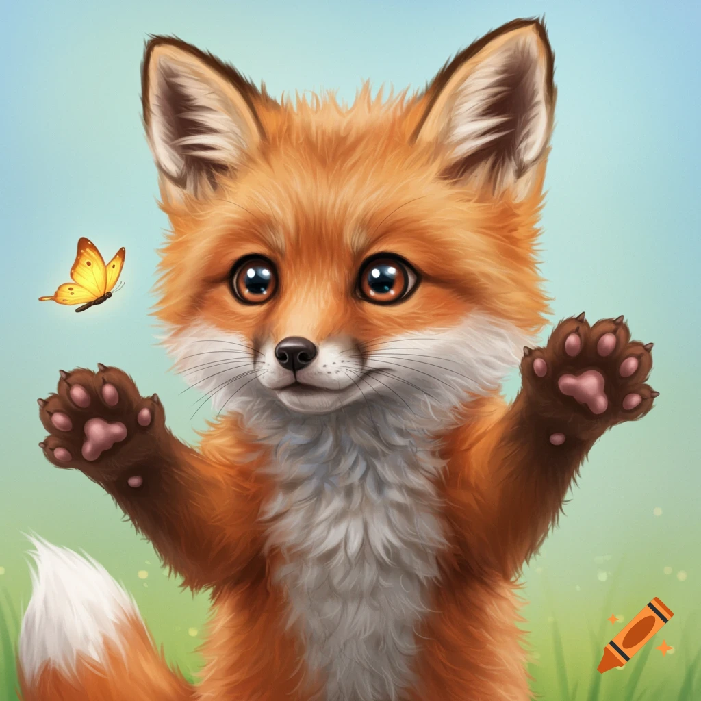 A cute baby fox with paws raised looking at a butterfly.
