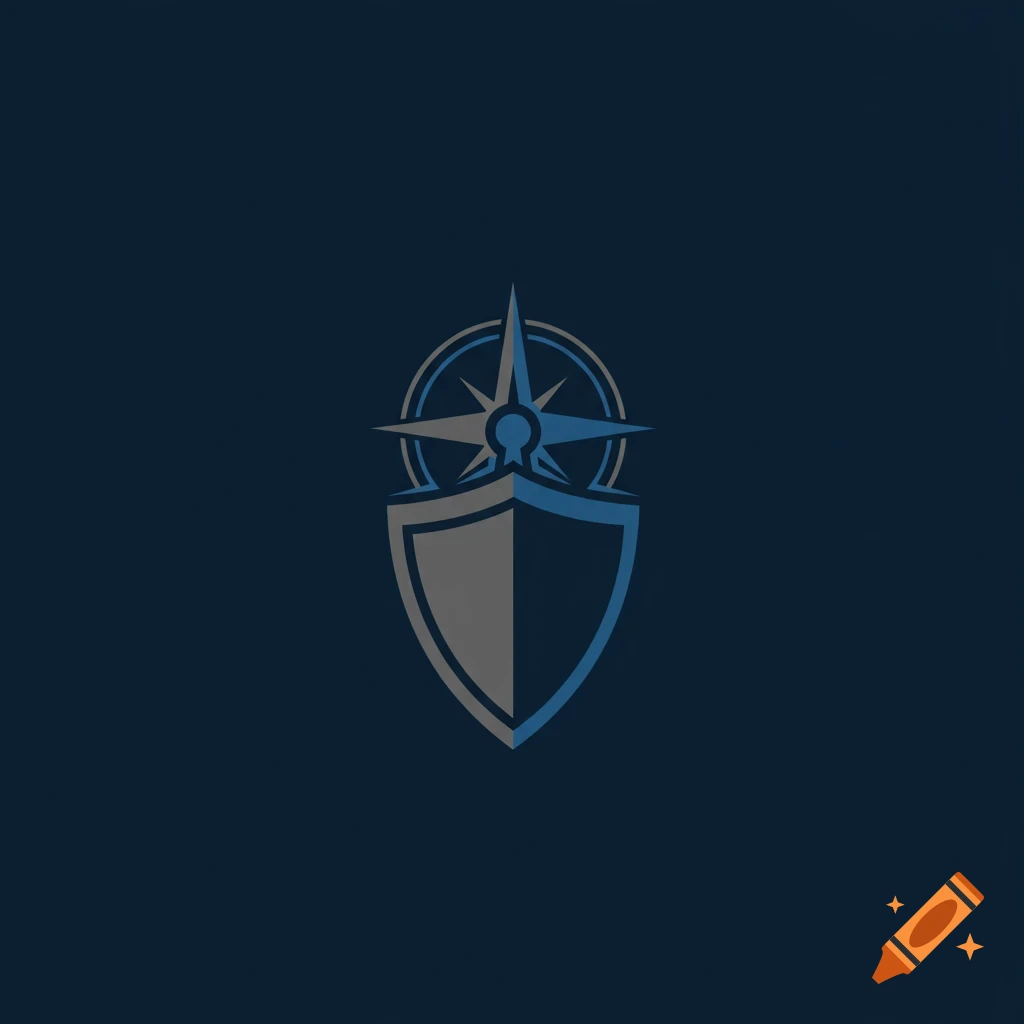 A logo with a shield and a compass rose.