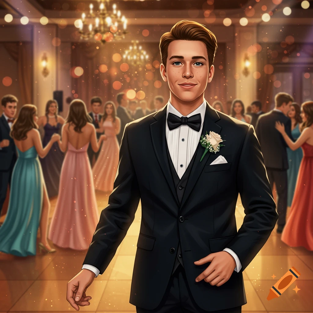 A young man in a tuxedo smiles at a prom or formal dance, with blurred dancers in the background.